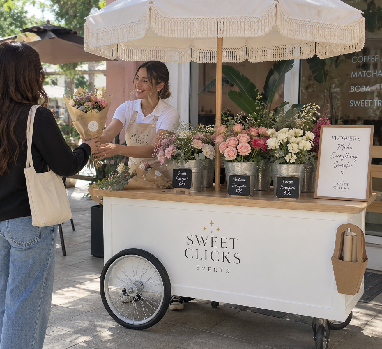 Sweet Clicks flower cart with custom bouquets