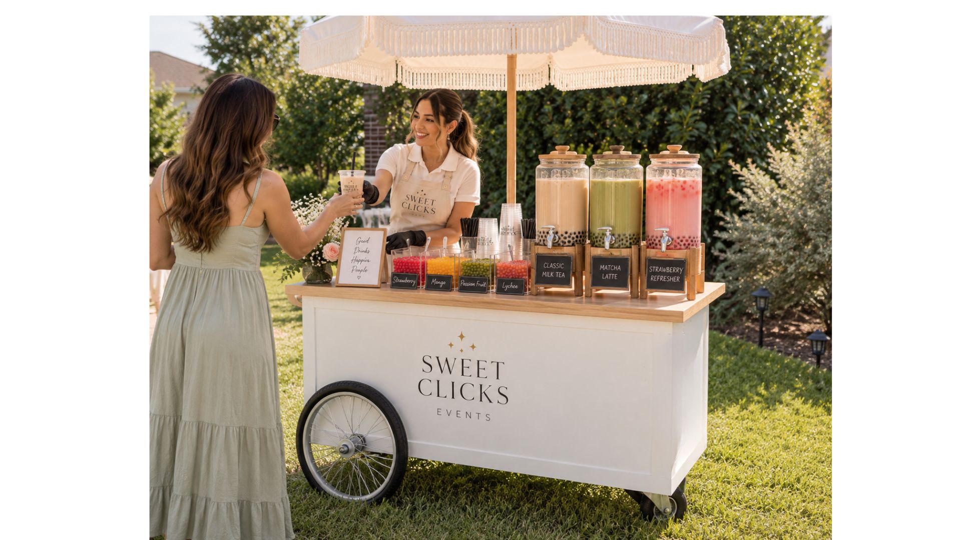 Sweet Clicks boba catering cart at an outdoor event
